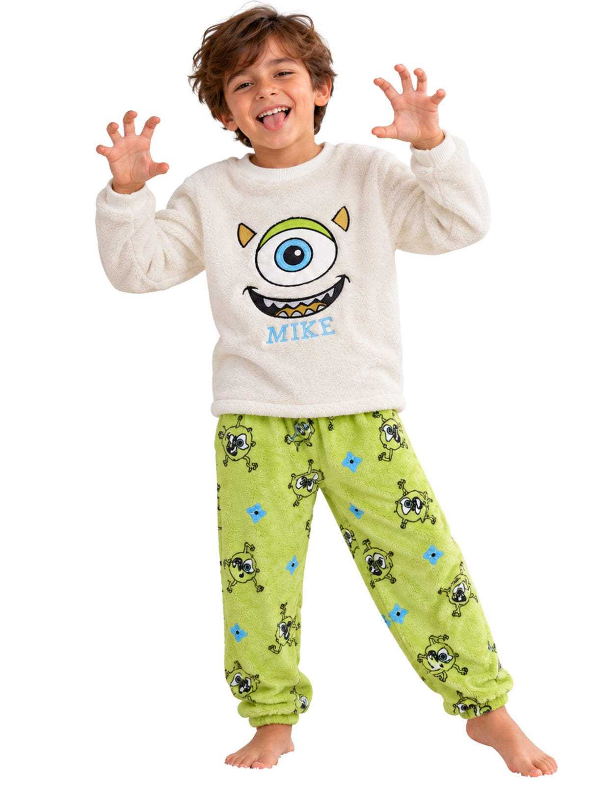 Boys Green One-Eye Monster Winter Fleece Pajama Set