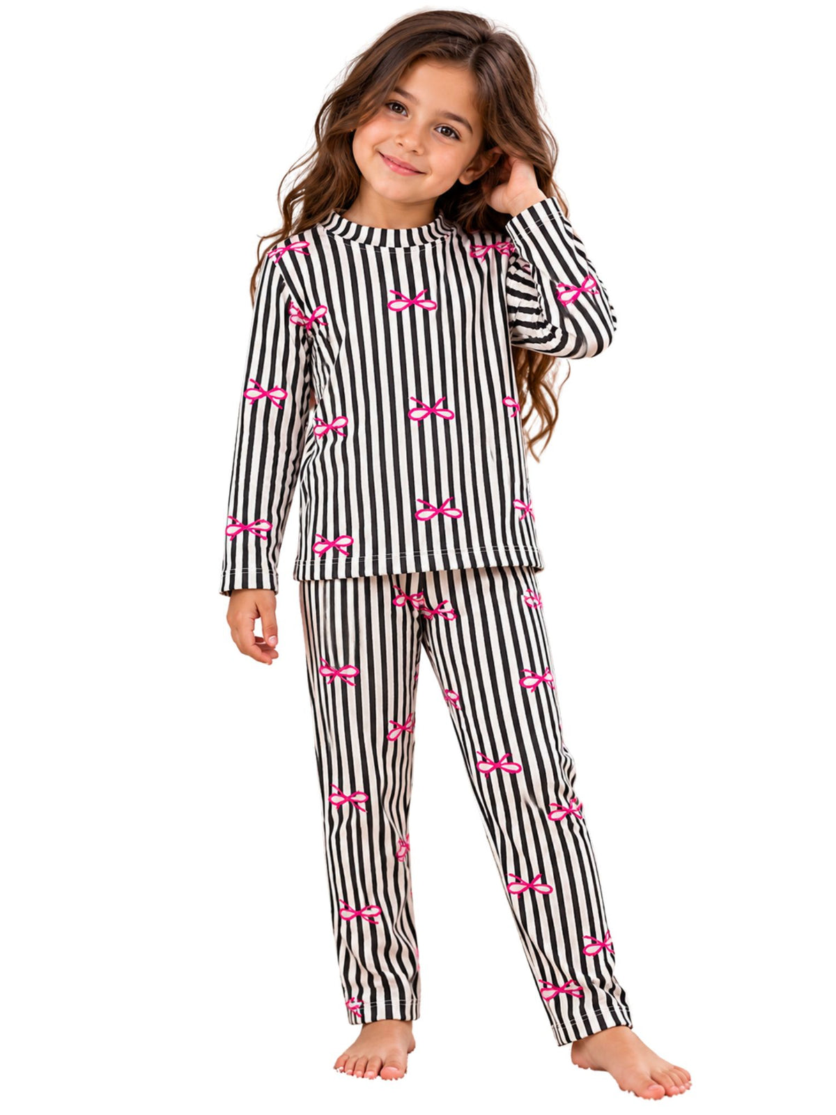Girls' Black Striped Pink Bows Winter Thermal Set