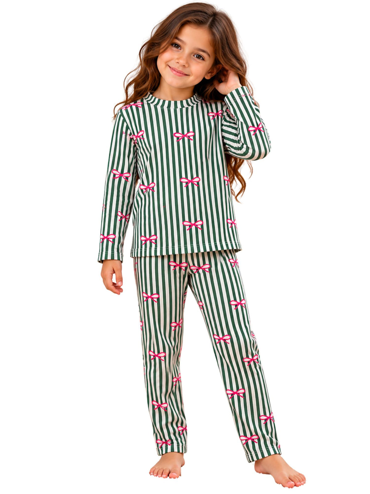 Girls' Green Striped Pink Bows Winter Thermal Set