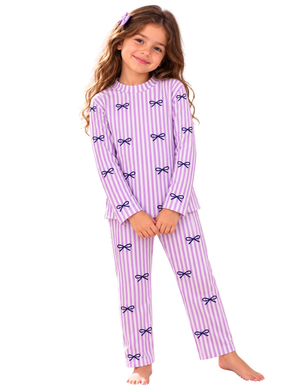 Girls' Lavender Striped Navy Bows Winter Thermal Set