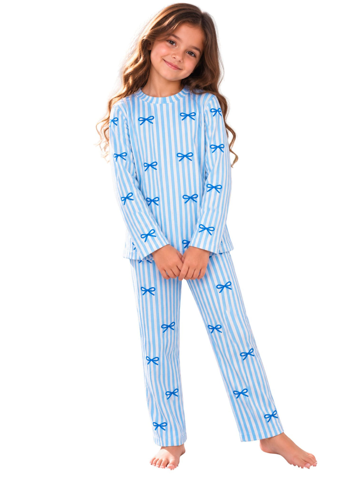 Girls' Sky Blue Striped Bows Winter Thermal Set