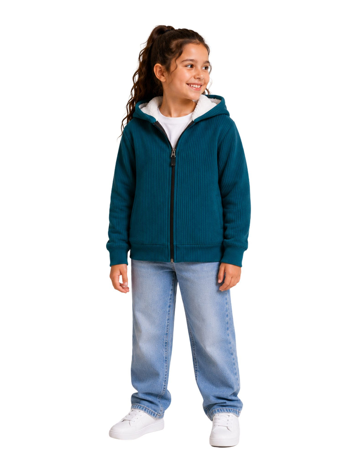 Arctic Zip Green Winter Sweatshirt with Faux Fur Lining