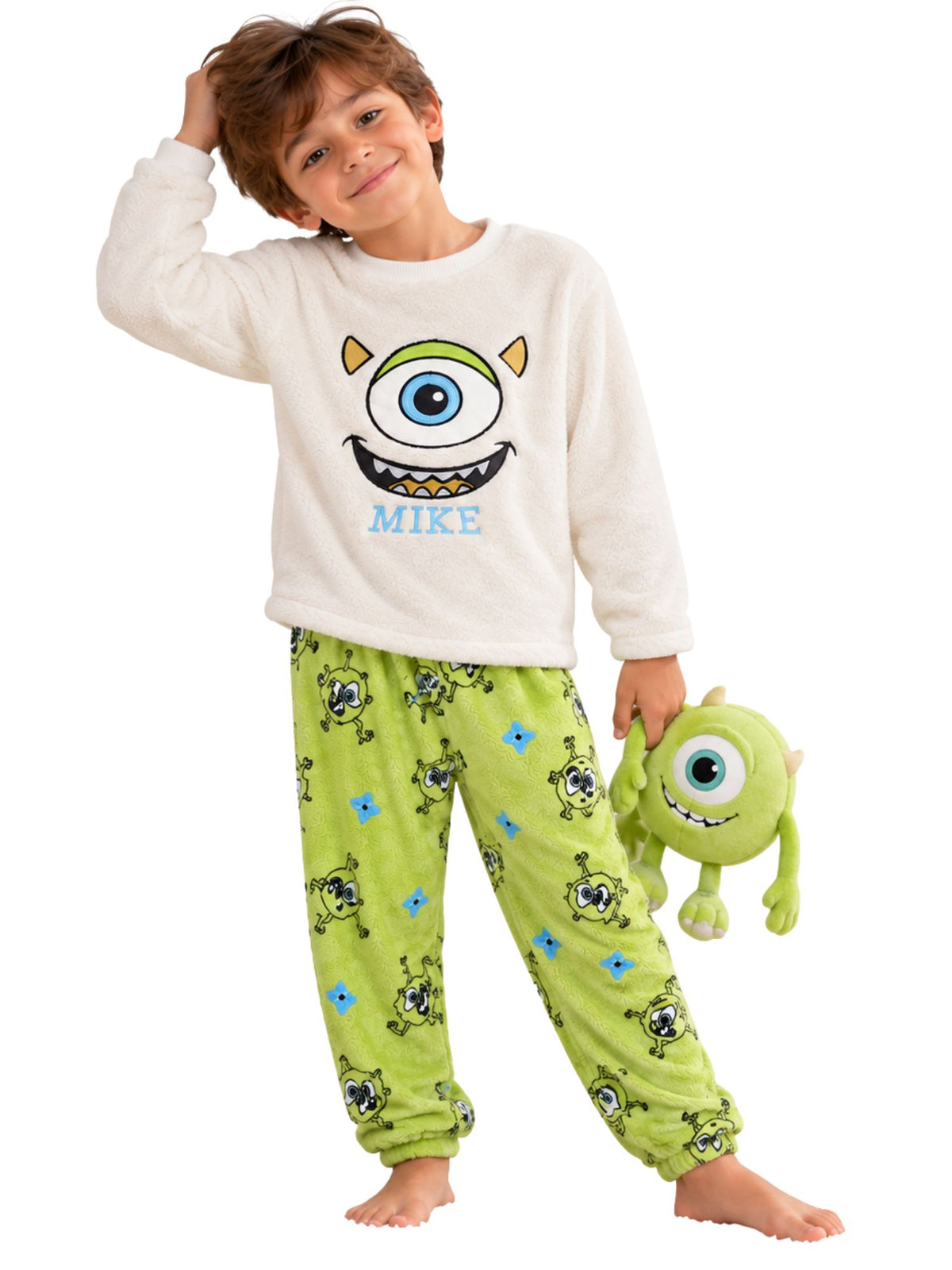 Boys Green One-Eye Monster Winter Fleece Pajama Set
