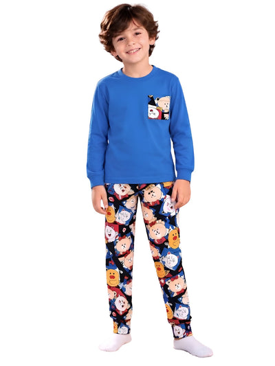 Boys' Blue Cartoon Pocket Winter Pajama Set