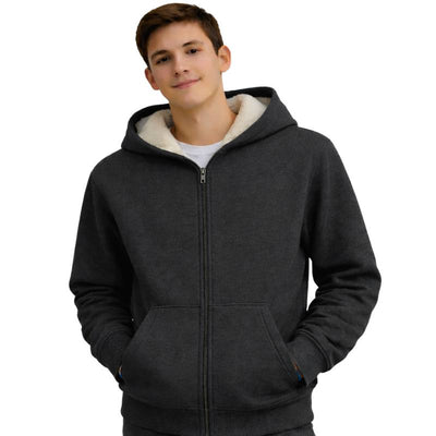 Boys' dark gray oversized winter fleece-lined sweatshirt