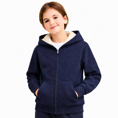 Small navy blue winter sweatshirt with fleece lining for boys