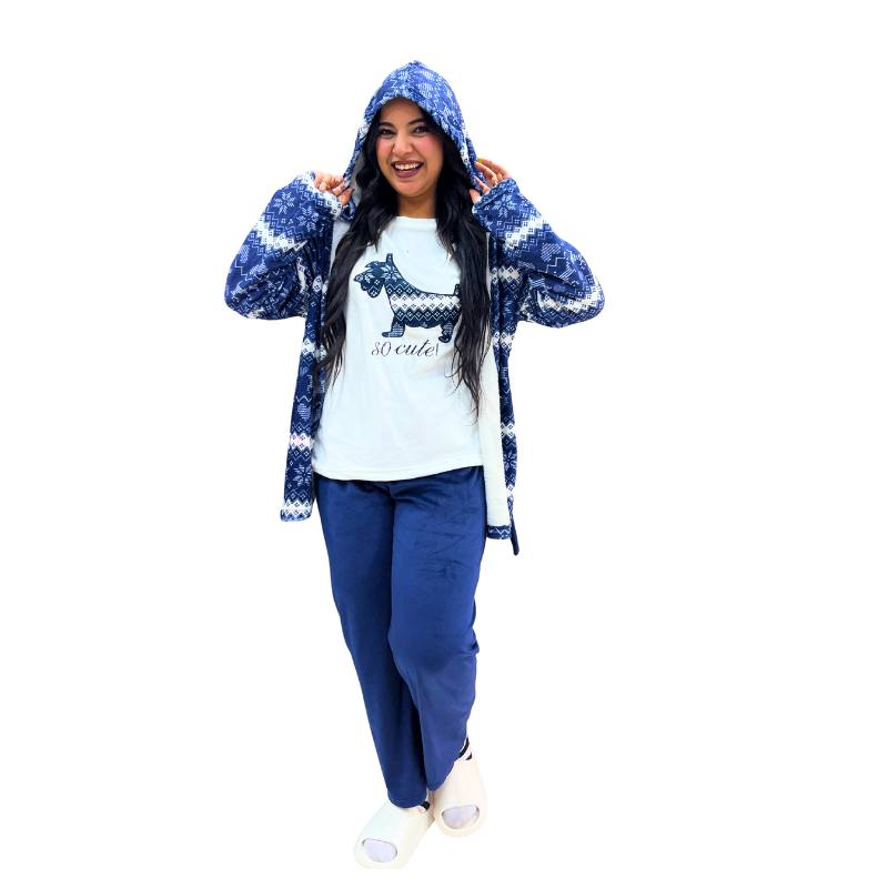 Women's 3-piece navy blue winter pajama set