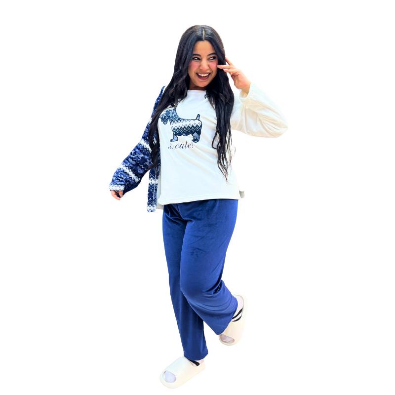 Women's 3-piece navy blue winter pajama set