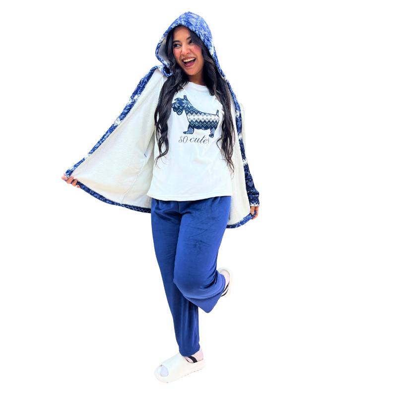 Women's 3-piece navy blue winter pajama set